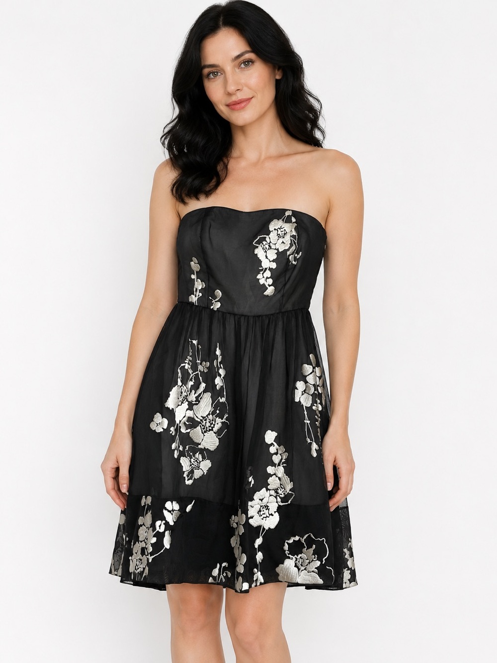 WHBM Black & White Floral Embroidered Strapless Dress Size 6